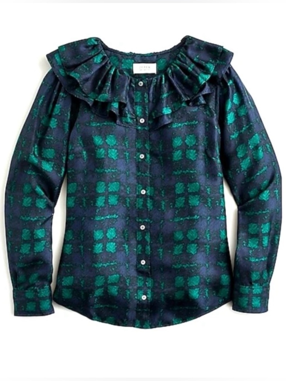 New J. Crew Navy Blue Green Plaid Ruffled Collar Button-Up Blouse 100% silk $168